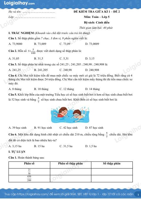 Đề kiểm tra giữa học kì 1 Toán 5 Cánh diều - Đề số 2